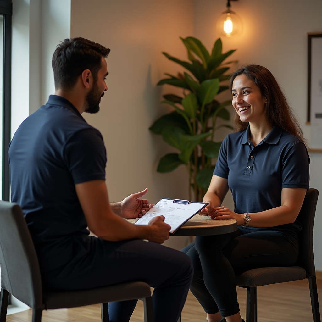 Trainer conducting a fitness assessment with a new client using measurement tools