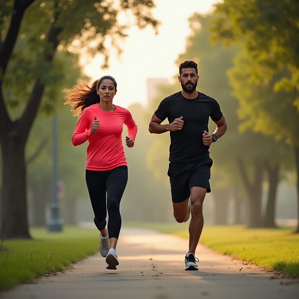 Trainer guiding a client through an outdoor cardio interval session in an urban park setting