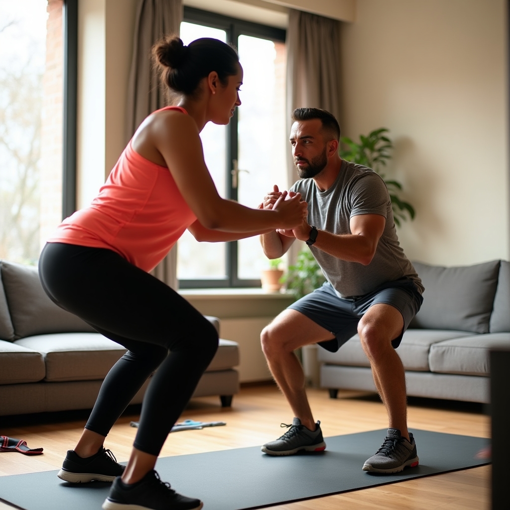 Trainer conducting a fitness session in a client's home living room