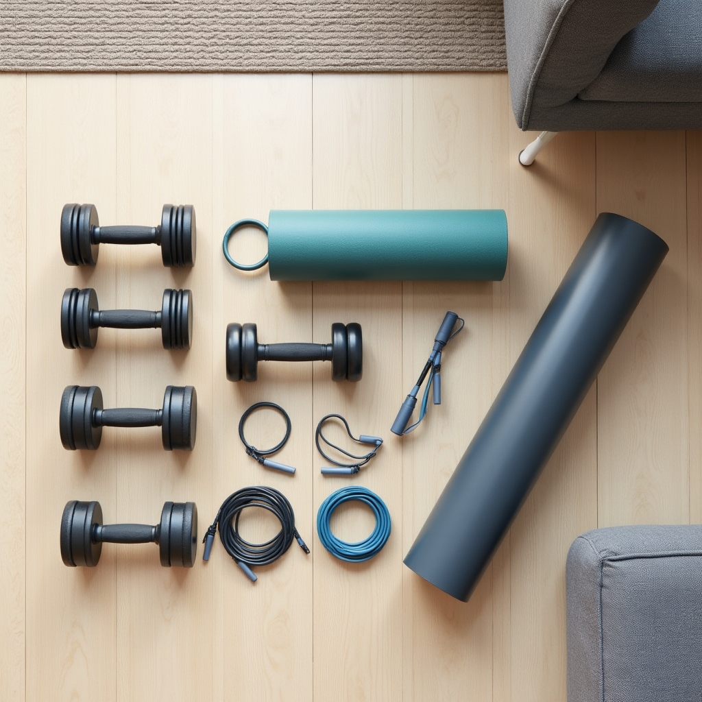 Compact fitness equipment laid out for a home training session