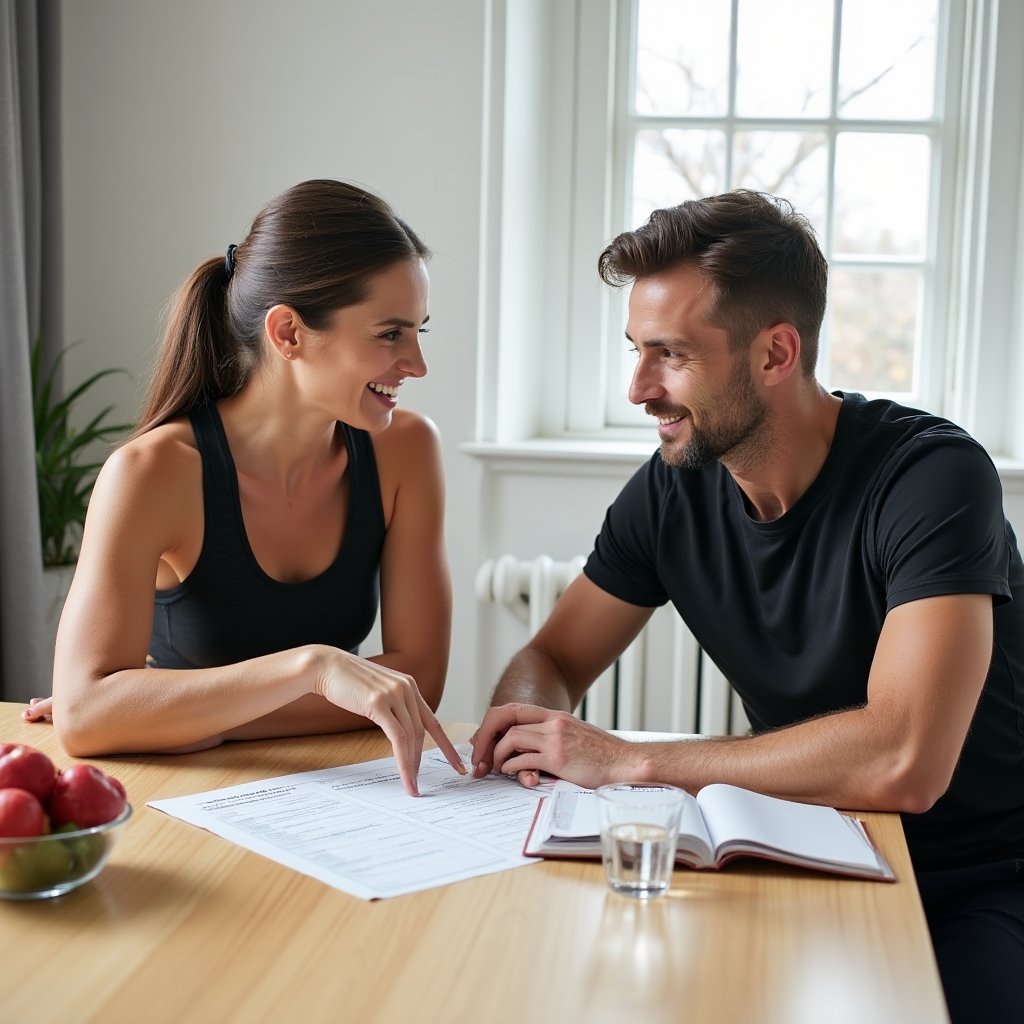 Trainer and client reviewing a nutrition plan together at a table with fresh food visible nearby