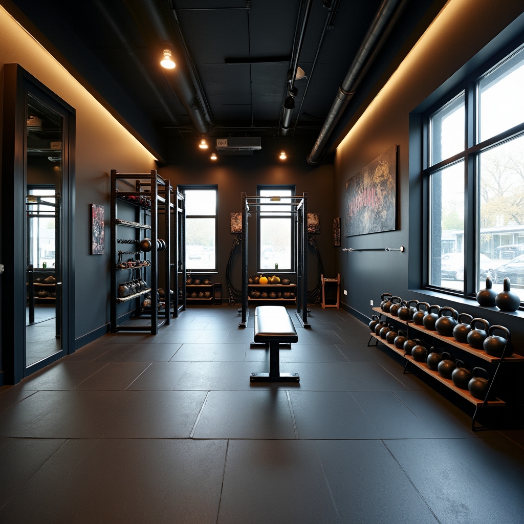Clean, well-equipped private fitness studio with professional lighting and equipment
